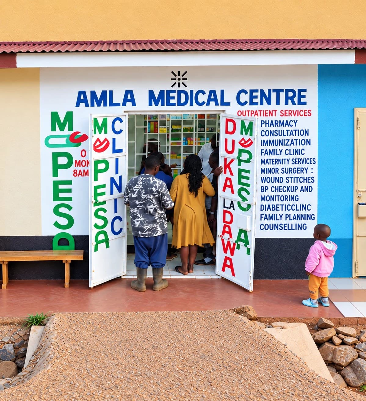 Amla Medical Centre storefront with its sign, outpatient services list and patients at the pharmacy counter